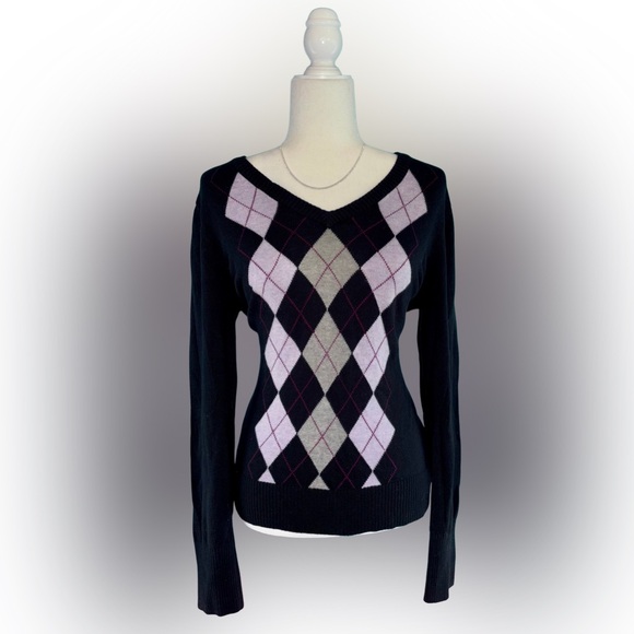 Merona Black & Purple Argyle V-Neck Preppy Sweater Discontinued Style Size L - Picture 1 of 5